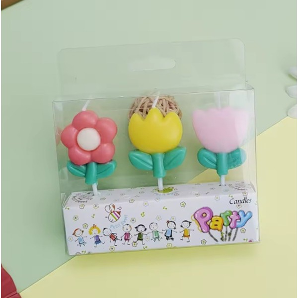 Set 3 Lumanari Decorative pentru Tort, Model Flori de Primavara, din Parafina, Multicolor, Decor pentru Aniversari si Petreceri [3]