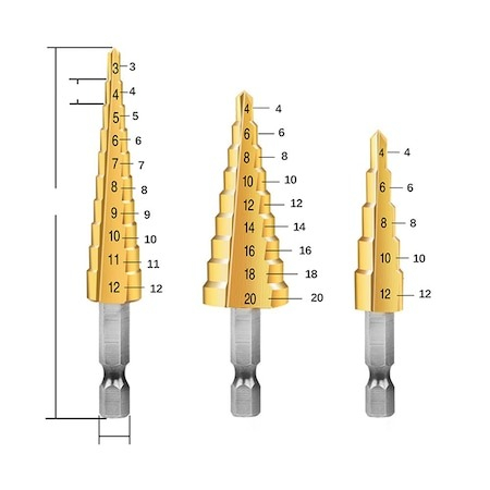 Set 3 mini burghie conice in trepte, 3-12mm / 4-12mm / 4-20mm cu geanta depozitare inclusa [2]