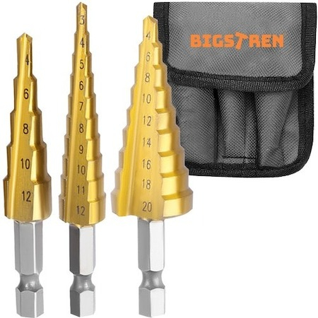 Set 3 mini burghie conice in trepte, 3-12mm 4-12mm 4-20mm cu geanta depozitare inclusa