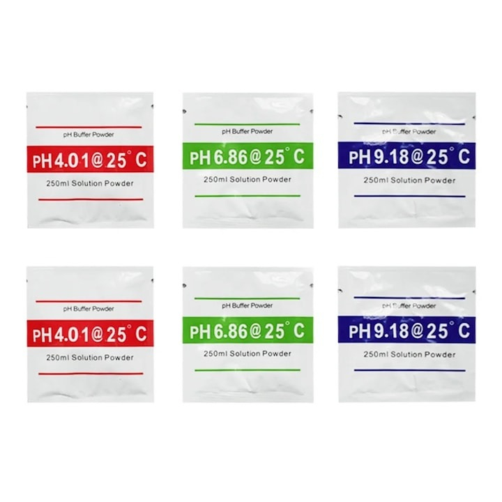 Set 3 plicuri solutii de calibrare apa, pentru PH, 4.00 pH, 6.86 pH si 9.18 pH