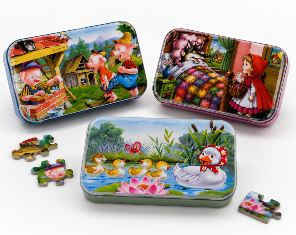 Set 3 Puzzle-uri Educative din Lemn, 60 Piese fiecare, in Cutii Metalice, Modele Scufita Rosie, Cei Trei Purcelusi si Ratuste, 22.5 x 13.5 cm, Multicolor [2]