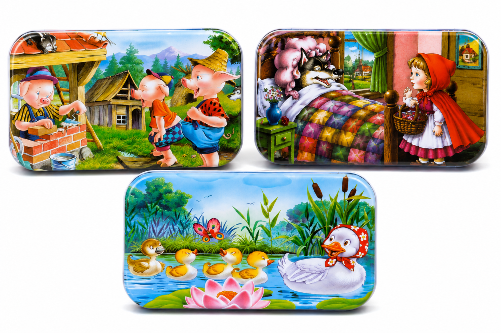 Set 3 Puzzle-uri Educative din Lemn, 60 Piese fiecare, in Cutii Metalice, Modele Scufita Rosie, Cei Trei Purcelusi si Ratuste, 22.5 x 13.5 cm, Multicolor [3]