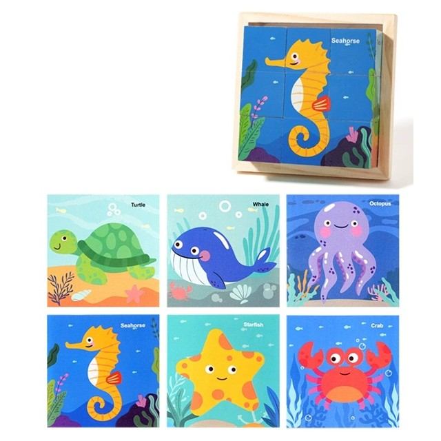 Set 3 puzzle-uri educative din lemn cu 9 cuburi rotative, modele Vehicule si Masini, Animale Marine si Fructe & Legume, 18 imagini, copii 4–6 ani, 11 x 11 x 3.2 cm [5]