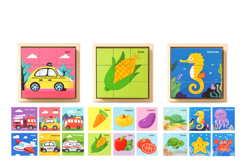 Set 3 puzzle-uri educative din lemn cu 9 cuburi rotative, modele Vehicule si Masini, Animale Marine si Fructe & Legume, 18 imagini, copii 4–6 ani, 11 x 11 x 3.2 cm [2]