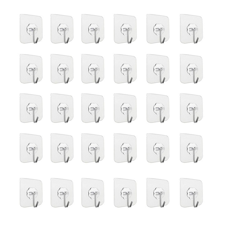 Set 30 carlige adezive transparente, rezistente, multifunctionale, plastic, metal