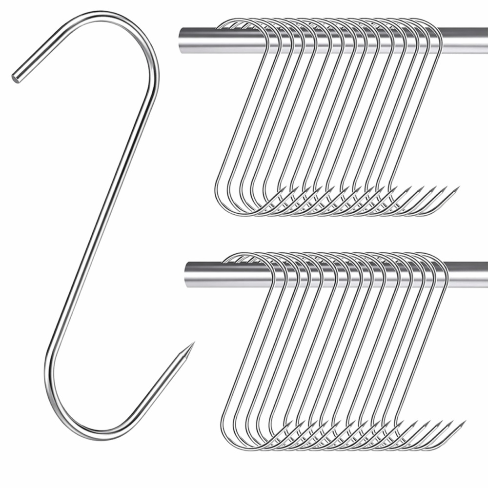 Set 30 carlige inox pentru afumare carne, argintii 13.5 cm, grosime 2.8 mm, model tip S cu capat ascutit, reutilizabile pentru macelarie si suspendare [3]
