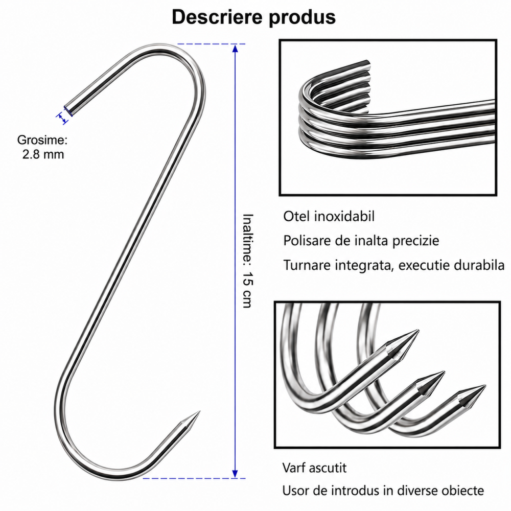 Set 30 carlige pentru carne si afumare, argintii 15 cm, grosime 2.8 mm, inox rezistent tip S cu capat ascutit, pentru suspendare, macelarie si uscare [2]