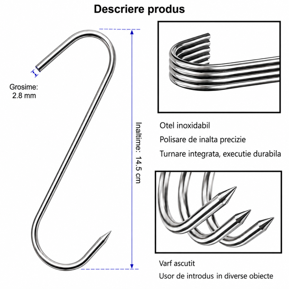 Set 30 carlige pentru suspendare si afumare, argintii 14.5 cm, grosime 2.8 mm, inox tip S cu varf ascutit, pentru carne, macelarie, uscare si maturare [2]