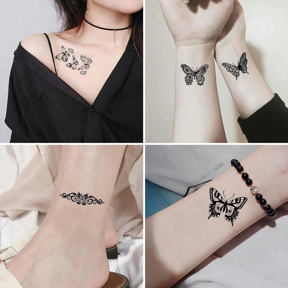 Set 30 tatuaje temporare cu fluturi si motive florale, rezistente la apa, aplicare usoara, baza de apa, 10 x 6 cm, negru [5]