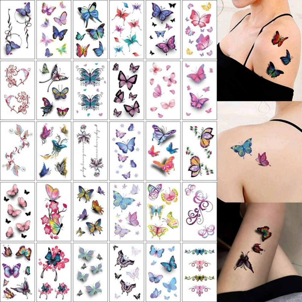 Set 30 tatuaje temporare multicolore 10 x 6 cm, modele cu fluturi si elemente decorative [3]
