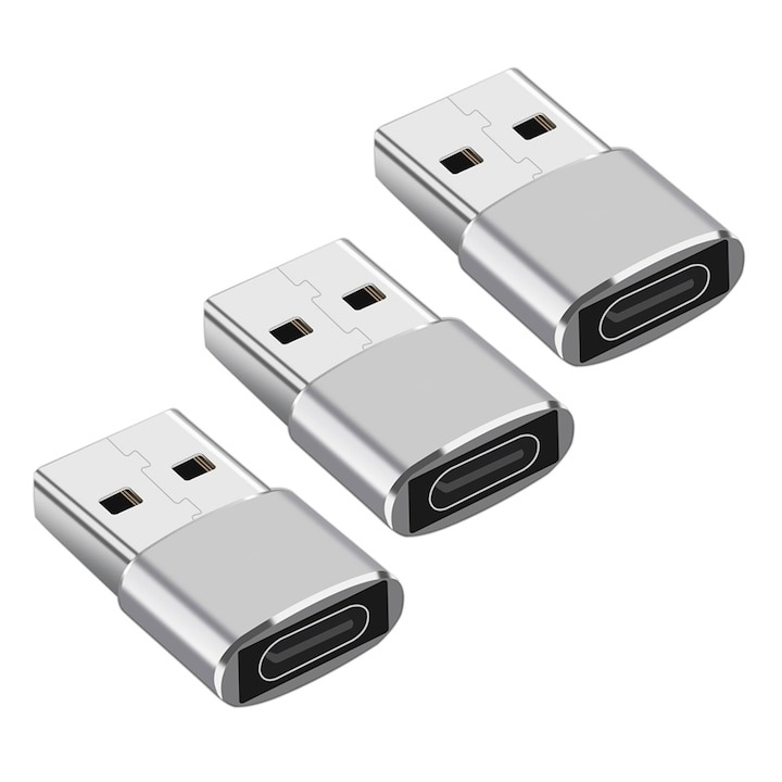 Set 3x Adaptor mini USB tip C la USB, viteza rapida de transfer - Argintiu