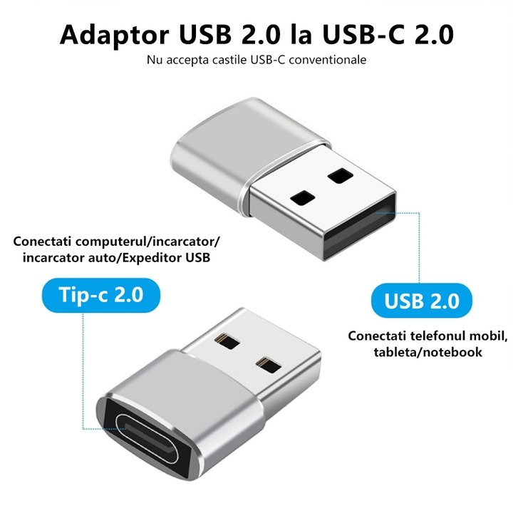 Set 3x Adaptor mini USB tip C la USB, viteza rapida de transfer - Argintiu [2]