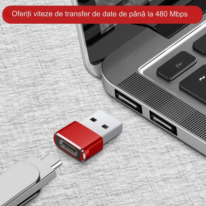 Set 3x Adaptor mini USB tip C la USB, viteza rapida de transfer - Rosu [2]