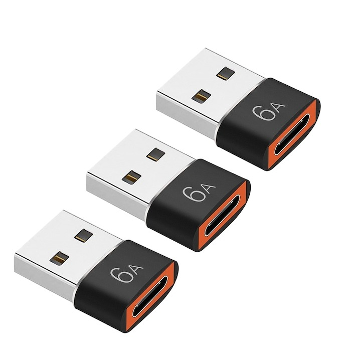 Set 3x Adaptor OTG, de la USB tata la Type-C mama, 60W - Negru