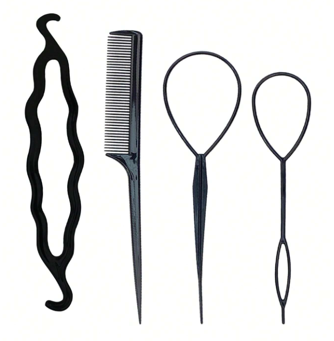 Set 4 accesorii impletire par, pentru coc retro vintage, plastic, negru