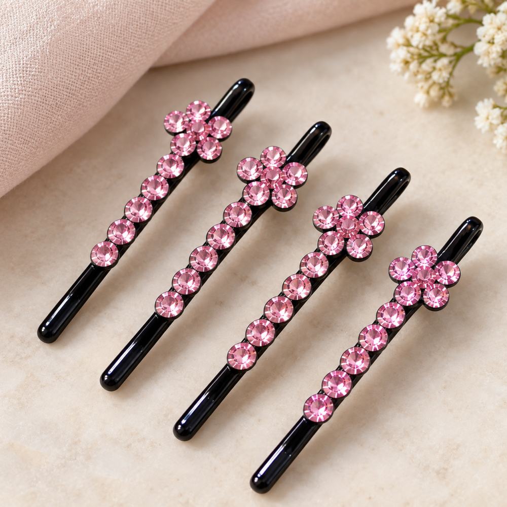 Set 4 agrafe par roz 5 x 1 cm, model floral cu pietre artificiale, accesorii decorative pentru coafuri, fixare suvite si aranjarea parului [3]