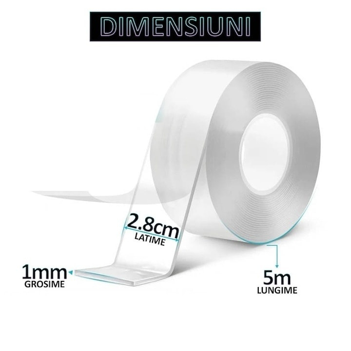 Set 4 benzi dublu adezive transparente, 5 metri pe rola, siliconice, flexibile, rezistente la apa, reutilizabile, nu lasa urme, aplicabile pe diverse suprafete [6]