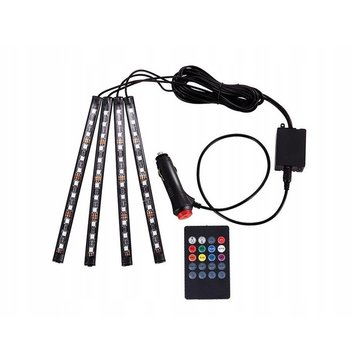 Set 4 benzi LED RGB ambientale pentru interior auto, telecomanda IR, 8 culori, 12 LED-uri/banda, alimentare 12V la priza auto [3]