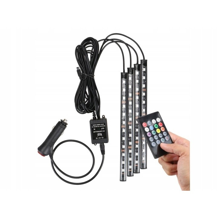 Set 4 benzi LED RGB pentru iluminarea interioara a masinii, cu telecomanda, 8 culori, 12 LED-uri pe banda – efecte luminoase ambientale [8]