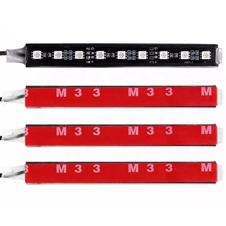 Set 4 benzi LED RGB pentru interior auto, cu 9 LED-uri pe fiecare banda, telecomanda inclusa, rezistente la apa, plastic si silicon, negre [7]