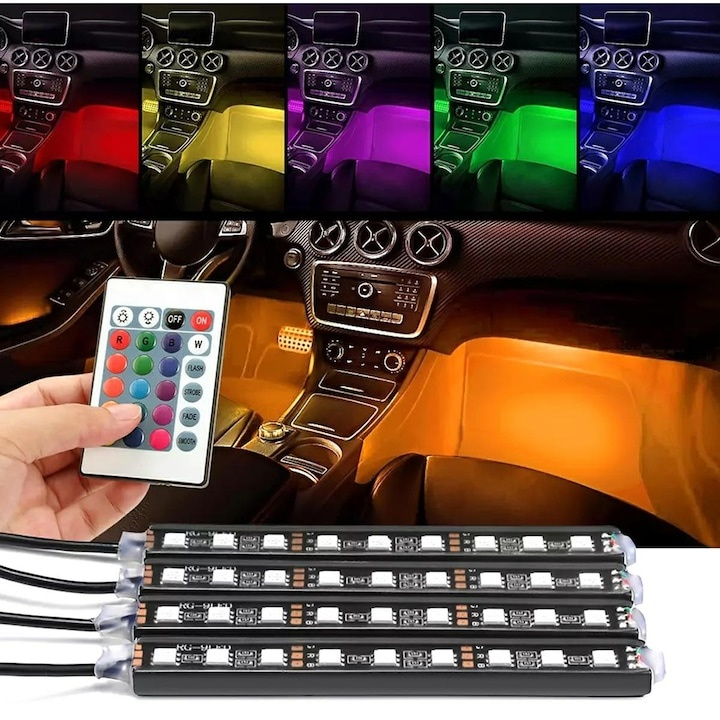 Set 4 benzi LED RGB pentru interior auto, cu 9 LED-uri pe fiecare banda, telecomanda inclusa, rezistente la apa, plastic si silicon, negre [2]
