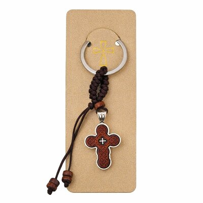 Set 4 brelocuri crestine maro-argintiu 9.5 cm, cruci decorative 4 cm cu fata gravata si spate metalic, margele din lemn, snur textil impletit, inele 2.9 cm [2]
