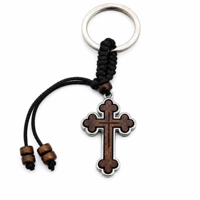 Set 4 brelocuri maro-argintiu 9 cm cu cruce 4 x 2,4 cm, grosime 4 mm, inel 2,9 cm, snur maro inchis, accesorii crestine port chei si marturii botez [2]