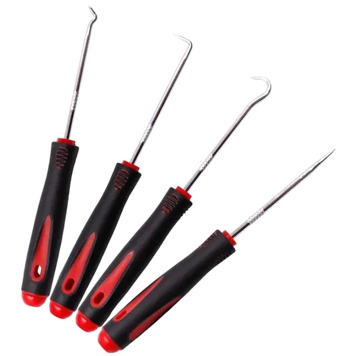 Set 4 carlige universale pentru etansari si inele, pentru tragere si manipulare elemente de cauciuc, otel si PP, varfuri magnetizate, 16 cm, negru/rosu [3]