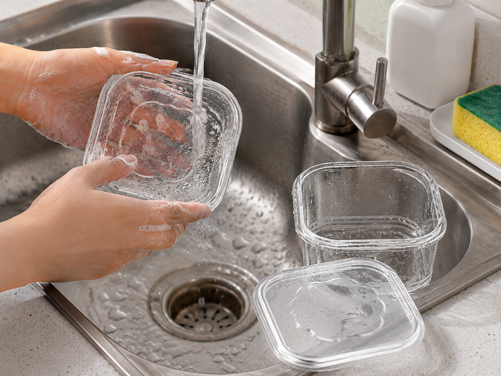 Set 4 caserole alimentare etanse 350 ml, recipiente reutilizabile din plastic transparent, cutii pentru pastrarea alimentelor in frigider, 12 x 12 x 4.5 cm [4]
