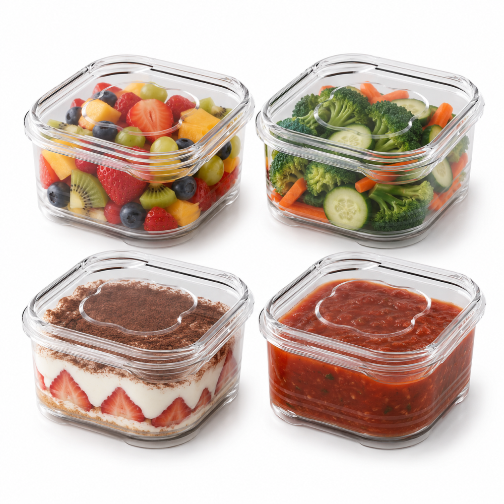 Set 4 caserole alimentare etanse 350 ml, recipiente reutilizabile din plastic transparent, cutii pentru pastrarea alimentelor in frigider, 12 x 12 x 4.5 cm [2]
