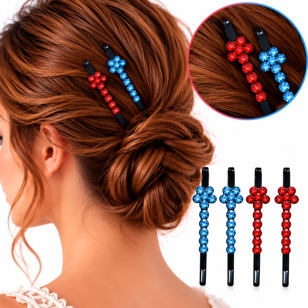 Set 4 clame par albastru si rosu 5 x 1 cm cu pietre artificiale, model floral, accesorii elegante pentru fixarea suvitelor si decorarea coafurilor [2]
