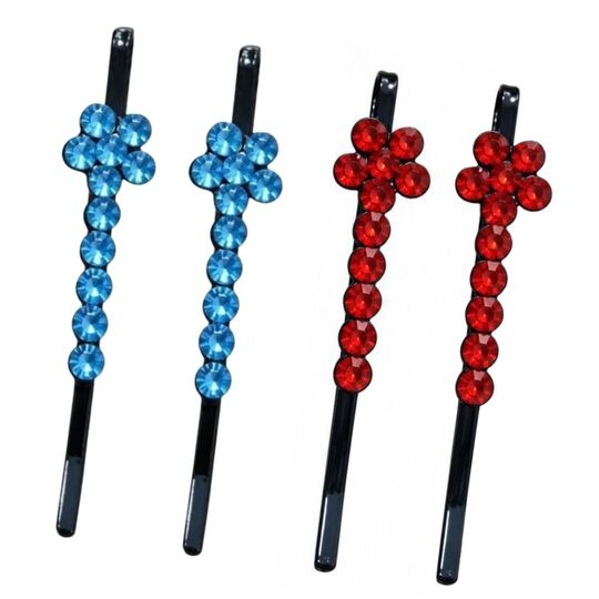 Set 4 clame par albastru si rosu 5 x 1 cm cu pietre artificiale, model floral, accesorii elegante pentru fixarea suvitelor si decorarea coafurilor [1]