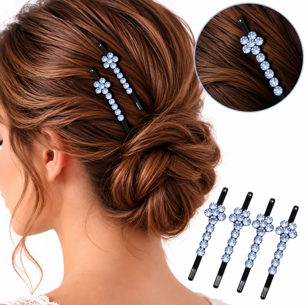 Set 4 clame par bleu 5 x 1 cm cu pietre artificiale, model floral stralucitor, accesorii pentru fixare suvite, coc si coafuri elegante [3]