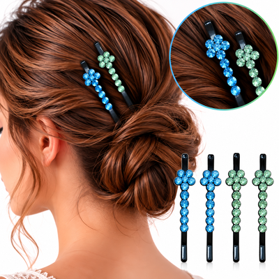 Set 4 clame par bleu si verde deschis 5 x 1 cm cu pietre artificiale, 2 bleu si 2 verde deschis, model floral, accesorii decorative pentru coafuri [2]