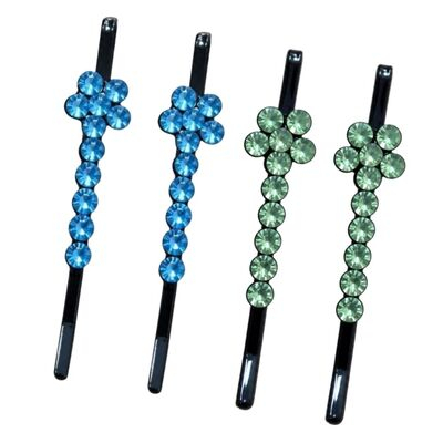 Set 4 clame par bleu si verde deschis 5 x 1 cm cu pietre artificiale, 2 bleu si 2 verde deschis, model floral, accesorii decorative pentru coafuri [3]