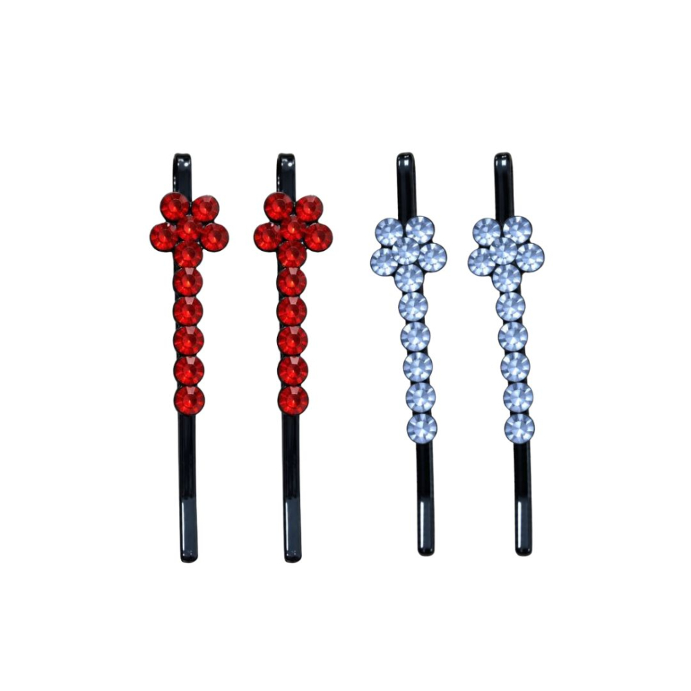 Set 4 clame par rosu si albastru deschis 5 x 1 cm cu pietre artificiale, 2 rosii si 2 albastru deschis, model floral pentru suvite, coc si coafuri [2]