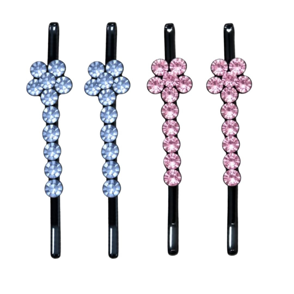 Set 4 clame par roz si albastru deschis 5 x 1 cm cu pietre decorative, 2 roz si 2 albastru deschis, model floral, accesorii pentru coafuri si suvite [3]