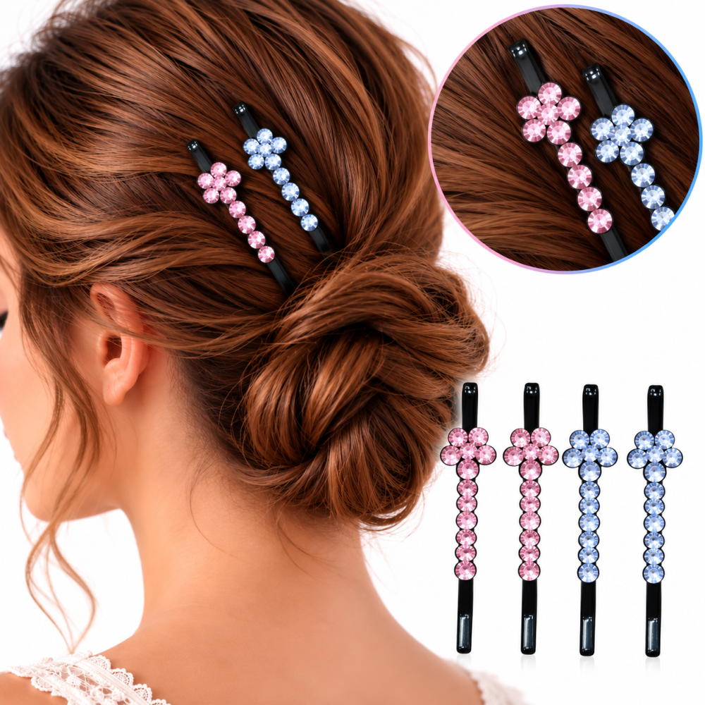 Set 4 clame par roz si albastru deschis 5 x 1 cm cu pietre decorative, 2 roz si 2 albastru deschis, model floral, accesorii pentru coafuri si suvite [2]