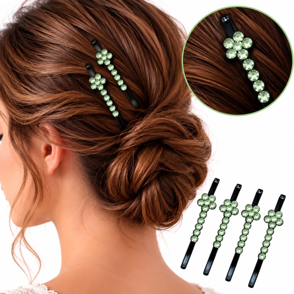 Set 4 clame par verde deschis 5 x 1 cm cu pietre decorative, design floral elegant, accesorii pentru fixare suvite, coc si aranjarea coafurii [4]