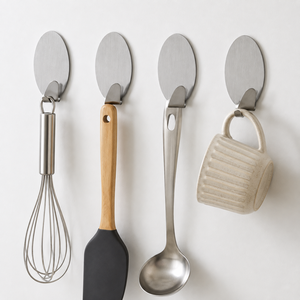 Set 4 cuiere autoadezive argintii 3 cm din metal, carlige adezive [3]