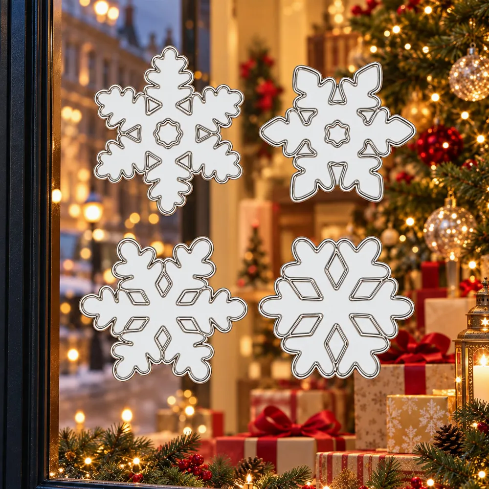 Set 4 Decoratiuni Craciun pentru Geam Alb cu Contur Argintiu, Fulgi de Zapada, Stickere Decorative [4]
