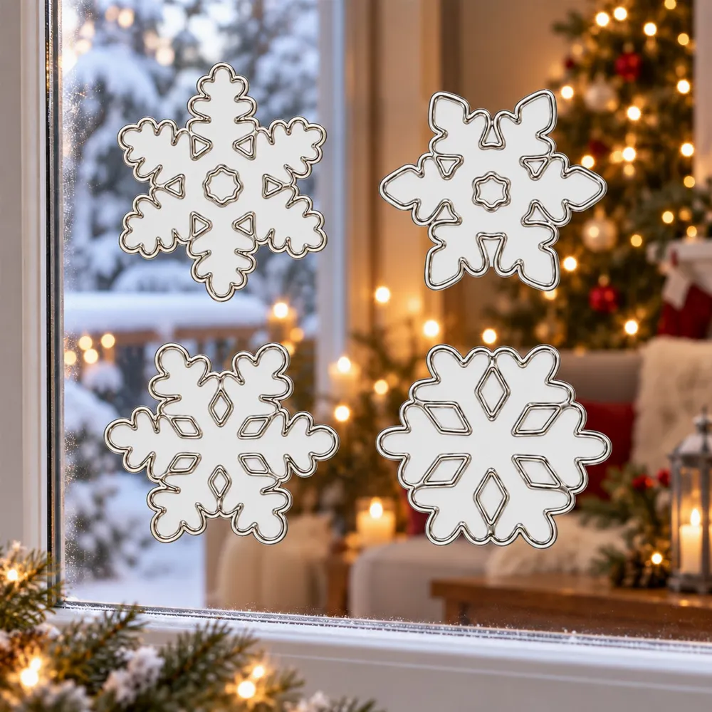 Set 4 Decoratiuni Craciun pentru Geam Alb cu Contur Argintiu, Fulgi de Zapada, Stickere Decorative [6]