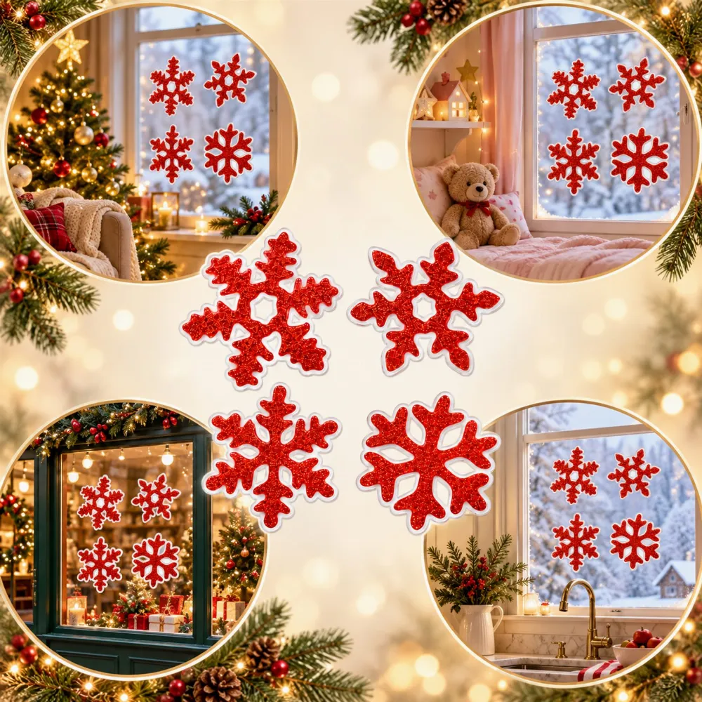 Set 4 Decoratiuni Craciun pentru Geam Rosu cu Sclipici, Fulgi de Zapada Glitter, Stickere Decorative [8]