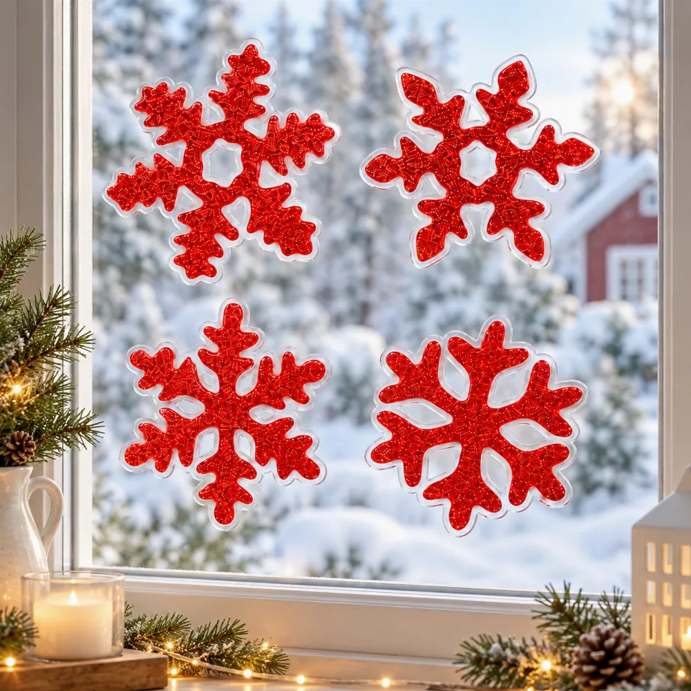 Set 4 Decoratiuni Craciun pentru Geam Rosu cu Sclipici, Fulgi de Zapada Glitter, Stickere Decorative [4]