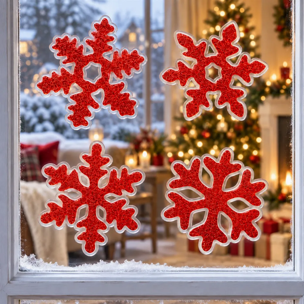 Set 4 Decoratiuni Craciun pentru Geam Rosu cu Sclipici, Fulgi de Zapada Glitter, Stickere Decorative [7]