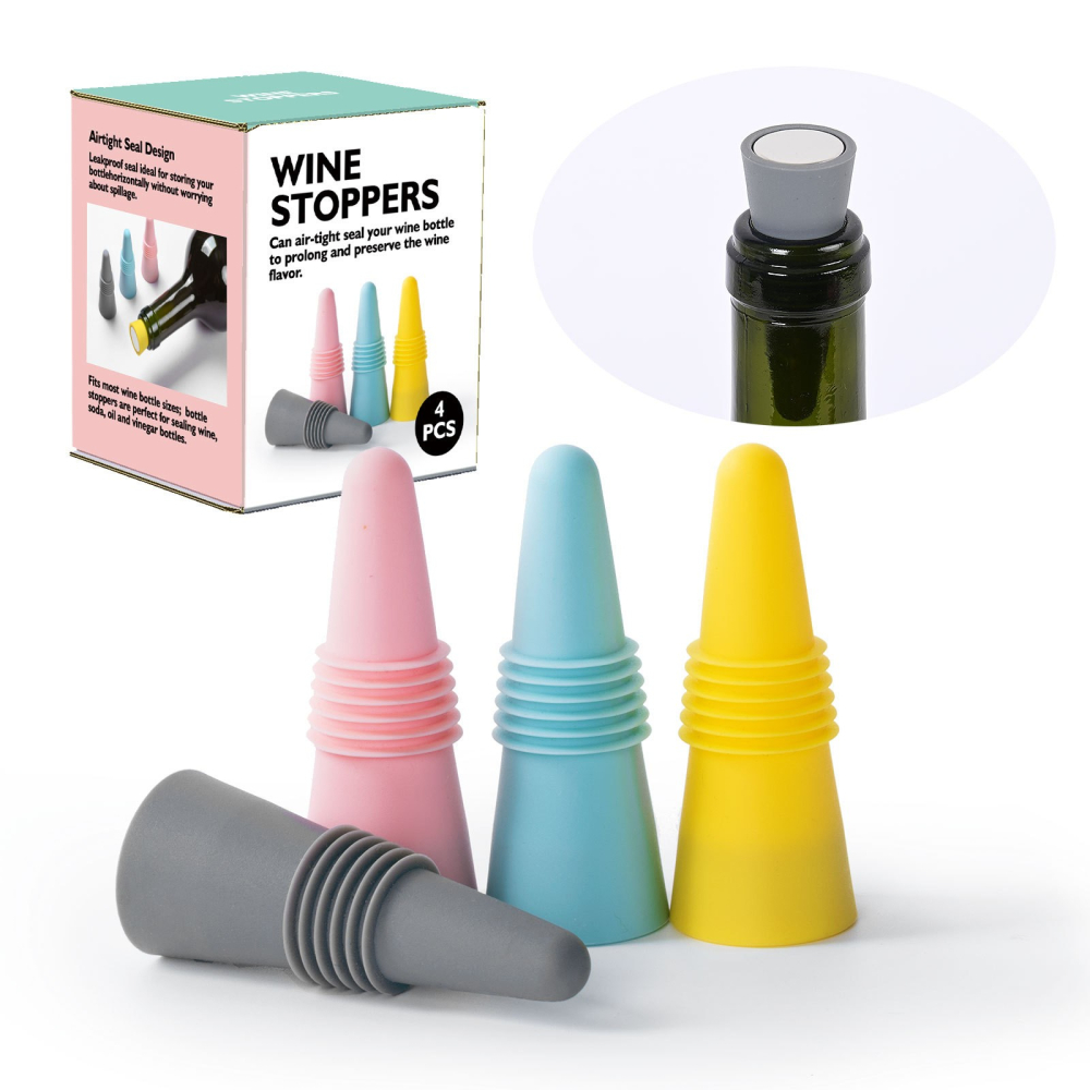 Set 4 dopuri etanse pentru sticle din silicon alimentar, reutilizabile, pentru vin si bauturi, etansare antipicurare, multicolor [4]