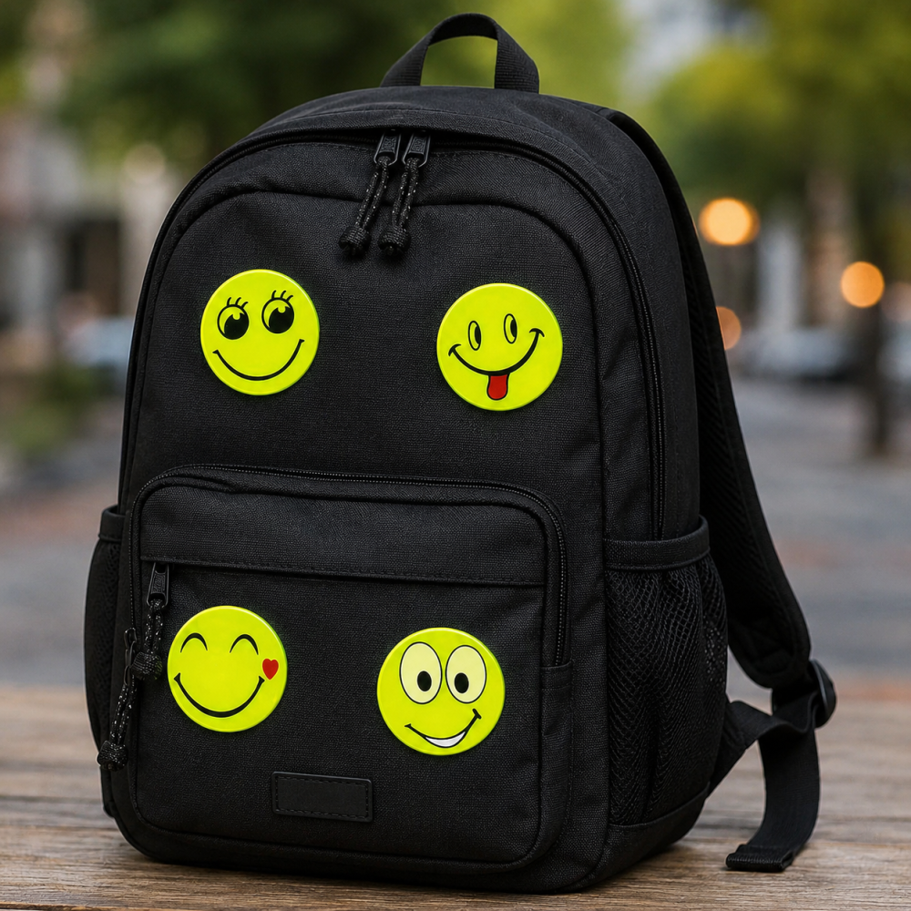 Set 4 insigne reflectorizante galben neon, model Smiley, accesorii de vizibilitate pentru ghiozdan, rucsac, geanta si imbracaminte [4]
