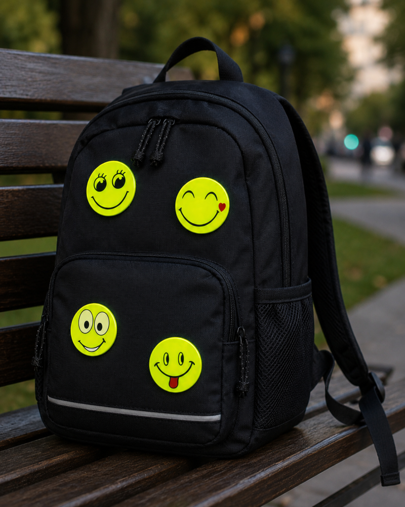 Set 4 insigne reflectorizante galben neon, model Smiley, accesorii de vizibilitate pentru ghiozdan, rucsac, geanta si imbracaminte [3]