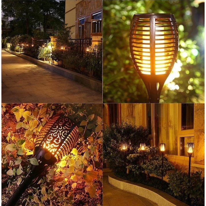 Set 4 lampi solare, LED, rezistente la apa, iluminare pentru gradina, terasa, plastic, lumina calda, 7 x 51 cm, negru [6]