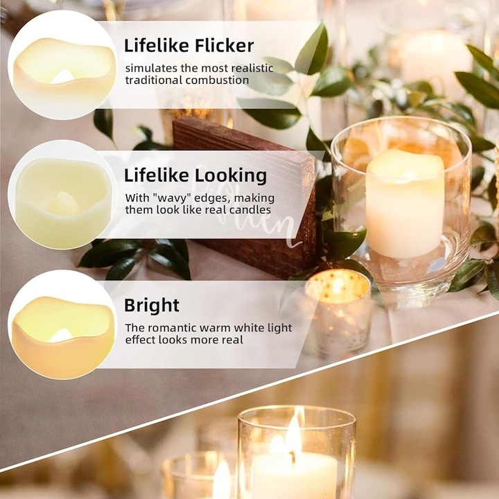 Set 4 lumanari decorative LED ivoire 3.9 x 3.6 cm, lumina galbena tip flacara, 8 baterii LR1130 AG10 incluse, pentru amenajare casa, mese si evenimente [10]